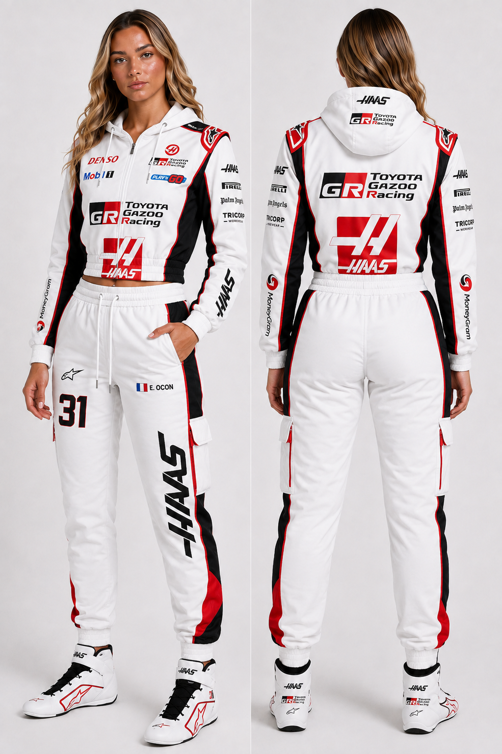 F1 Team Haas Women’s Hoodie & Jogger Set – White Red & Black