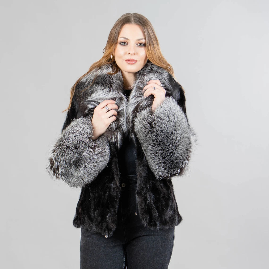 Mink fur jacket with fox fur details in black color