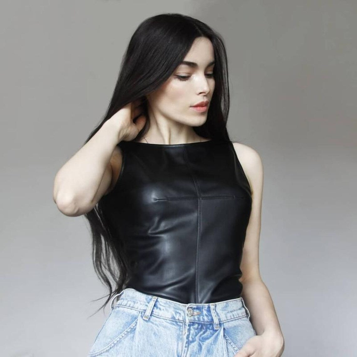 Stylish Women's Leather Tank Top – Edgy Sleeveless Faux Leather Fashion