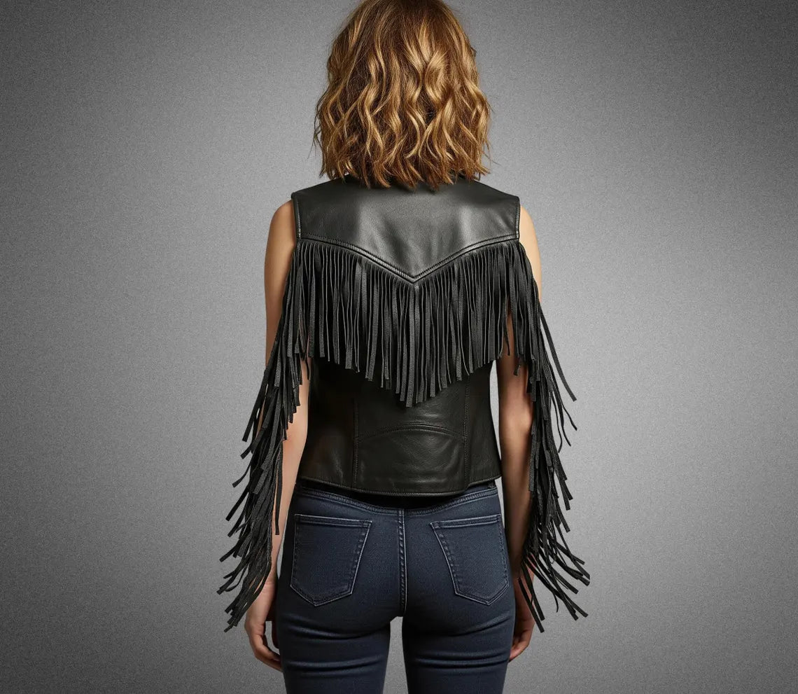 Women's Leather Fringe Vest, Genuine Sleeveless Western Biker Fringe Vest