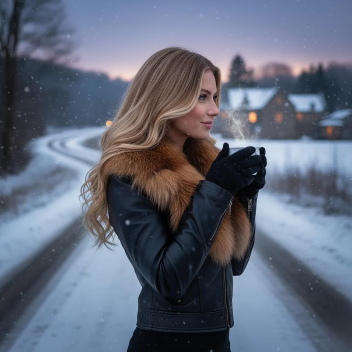 Genuine Leather Jacket: Women’s Vintage Black Coat with Fox Fur Collar