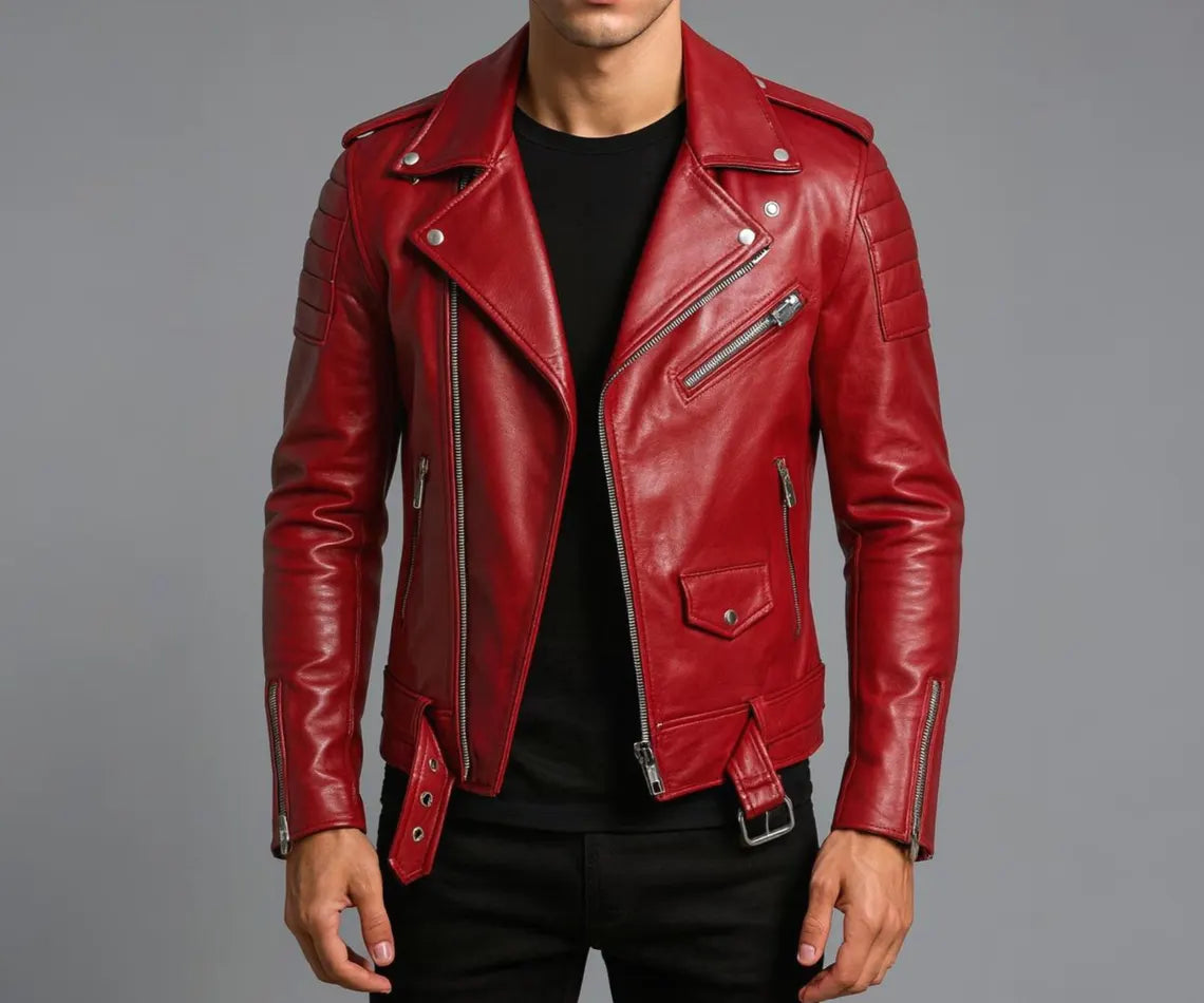 Handmade Red Lambskin Leather Biker Jacket – Slim Fit