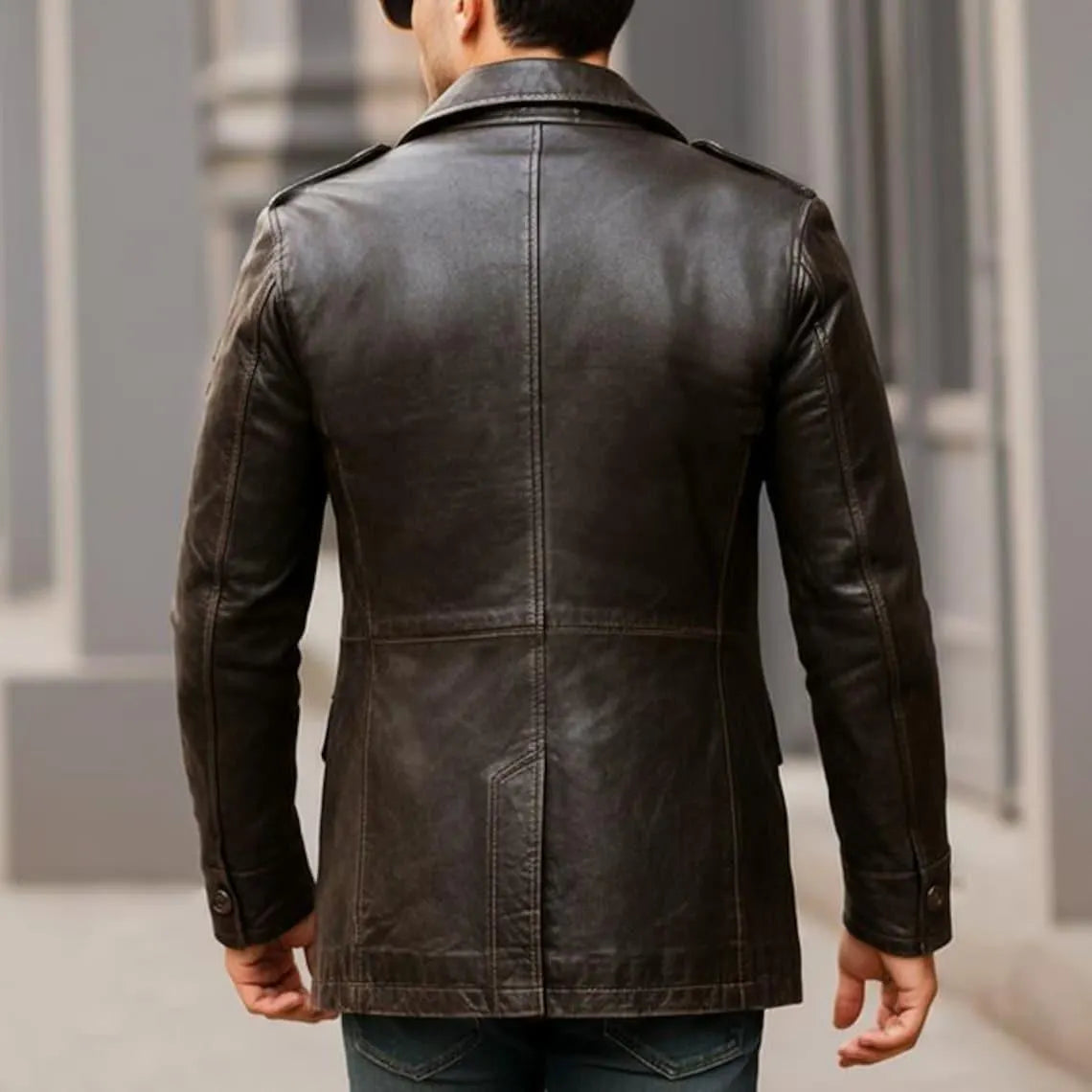Men's Brown Leather Jacket, Double Breasted Trench Coat