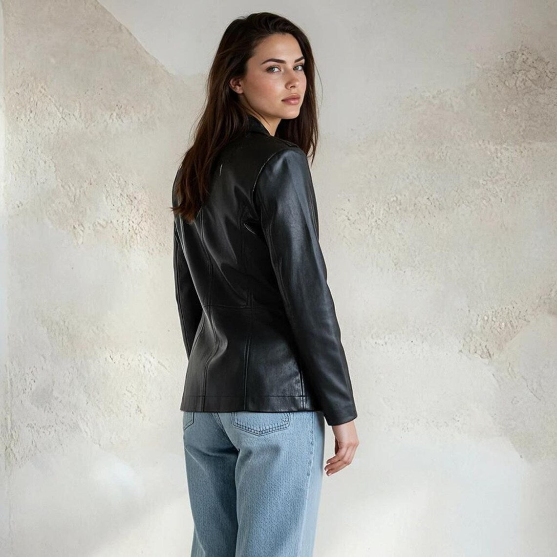 Women Faux Leather Blazer Slim Fit Long Sleeve Mid Length Black Jacket