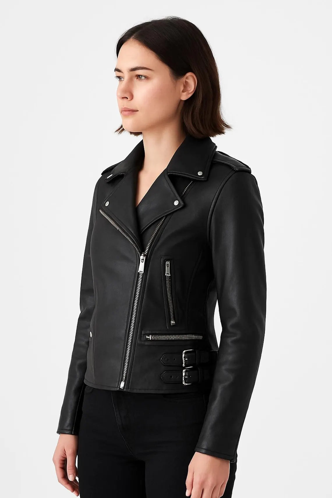 Handmade Women Slim Fit Black Leather Biker Jacket