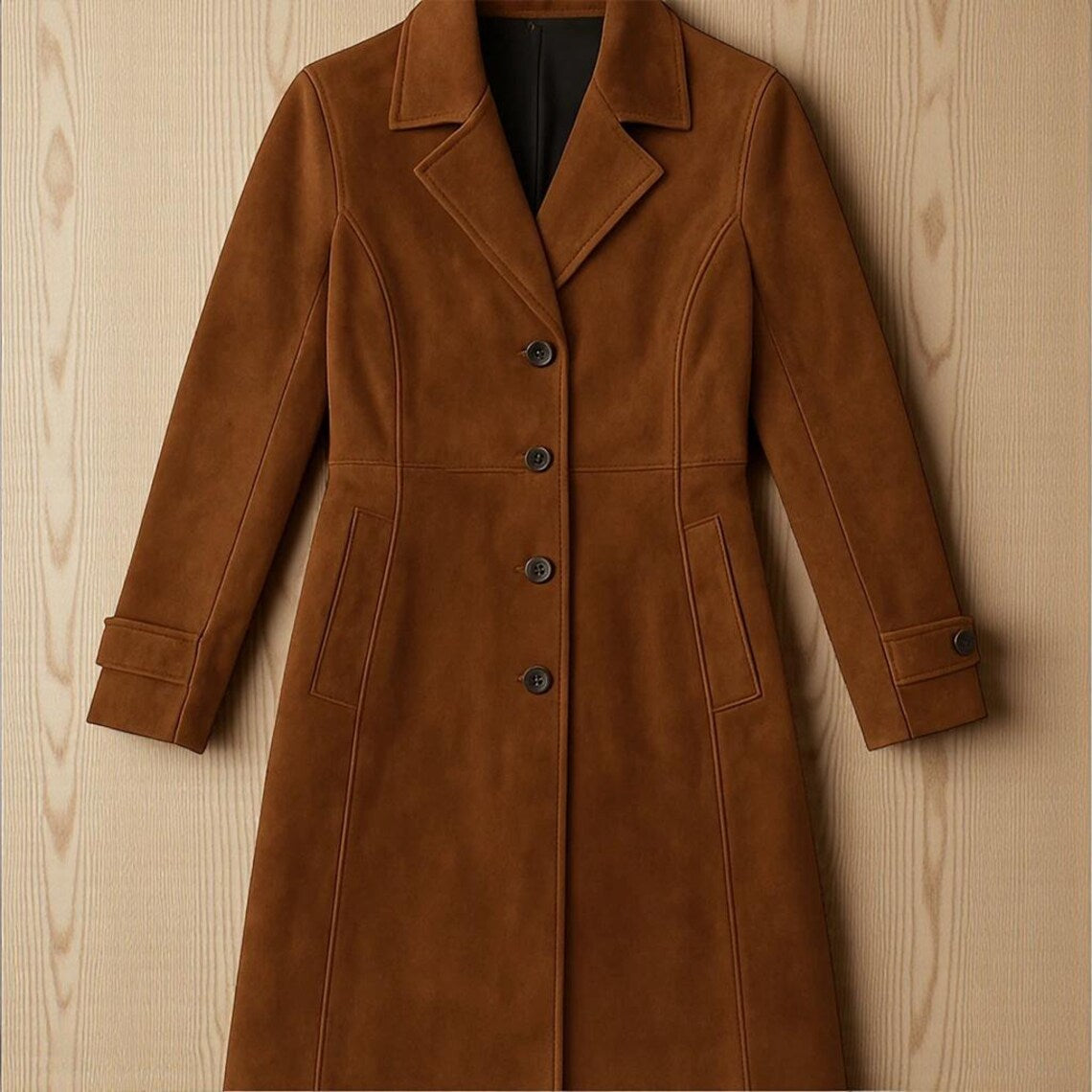 Women's Classic Vintage-Style Long Brown Suede Leather Trench Coat