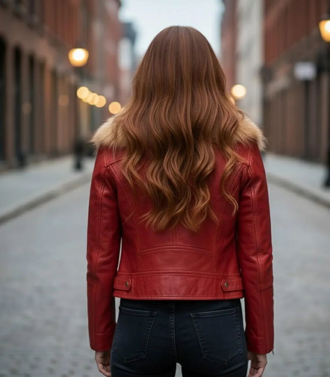 Women's Leather Biker Jacket with Real Fox Fur Collar