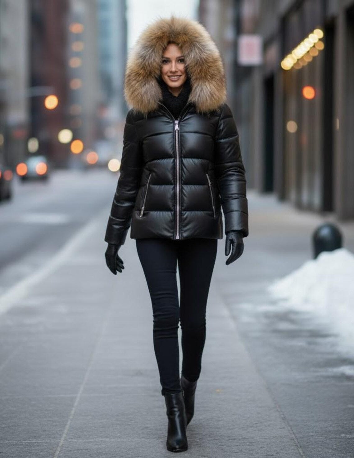 Women's Leather Puffer Jacket, Real Fox Fur Hood, Pufferjacken,
