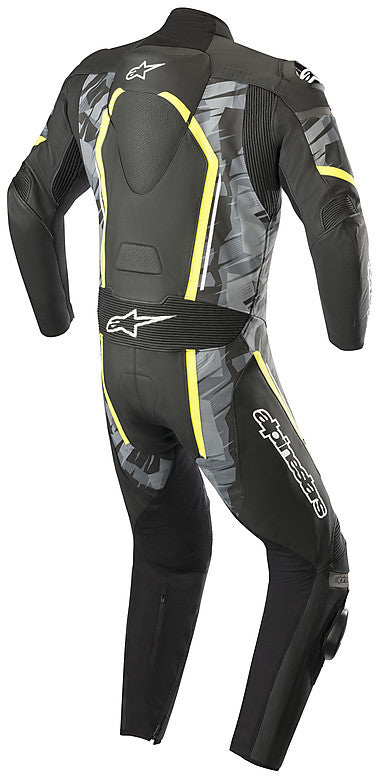 Professional Alpinestars Leather Suit MOTEGI v2 Black Yellow Fluo
