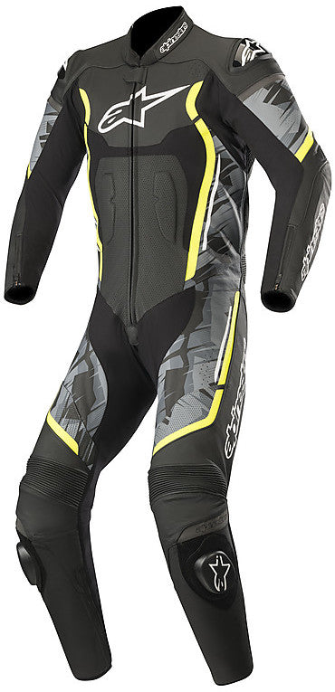Professional Alpinestars Leather Suit MOTEGI v2 Black Yellow Fluo