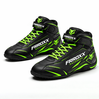 FRROXX Racewear Black & Neon Green Kart Racing Leather Shoes
