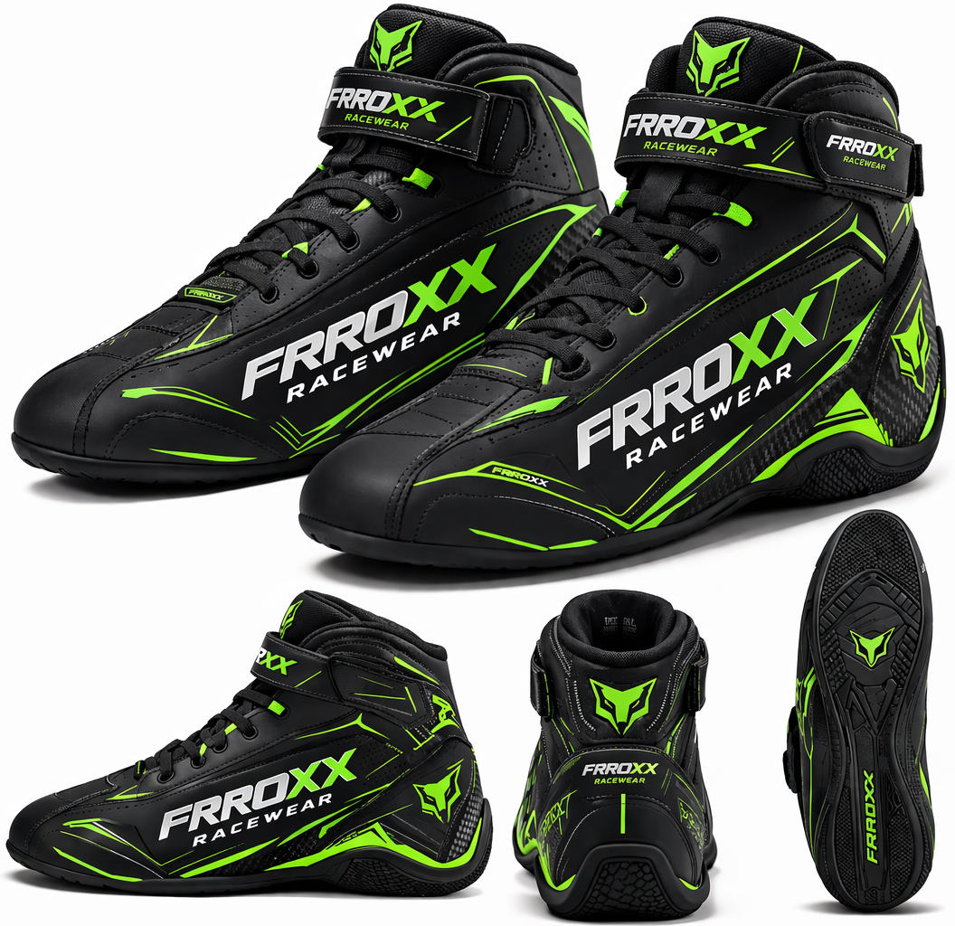 FRROXX Racewear Black & Neon Green Kart Racing Leather Shoes