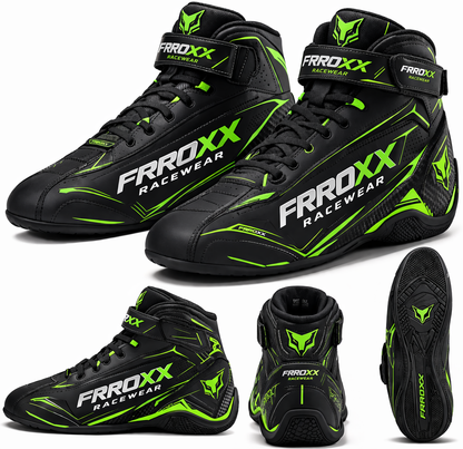 FRROXX Racewear Black & Neon Green Kart Racing Leather Shoes