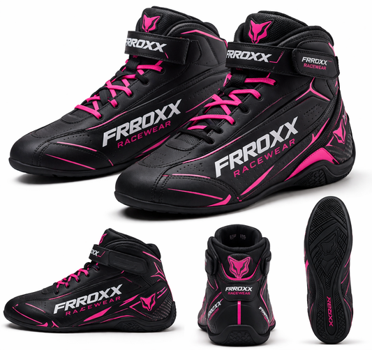 FRROXX Racewear Black & Neon Green Kart Racing Leather Shoes