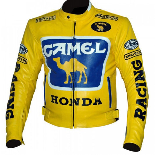 Honda Camel Racing Motorcycle Yellow Leather Jacket