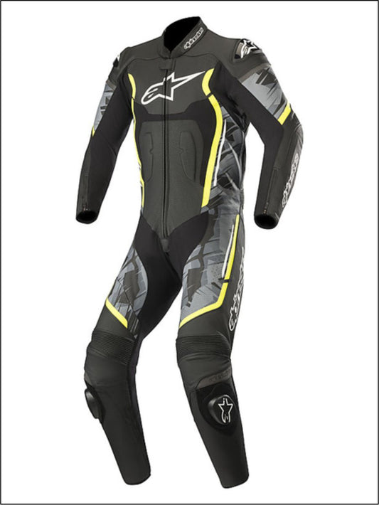 Professional Alpinestars Leather Suit MOTEGI v2 Black Yellow Fluo