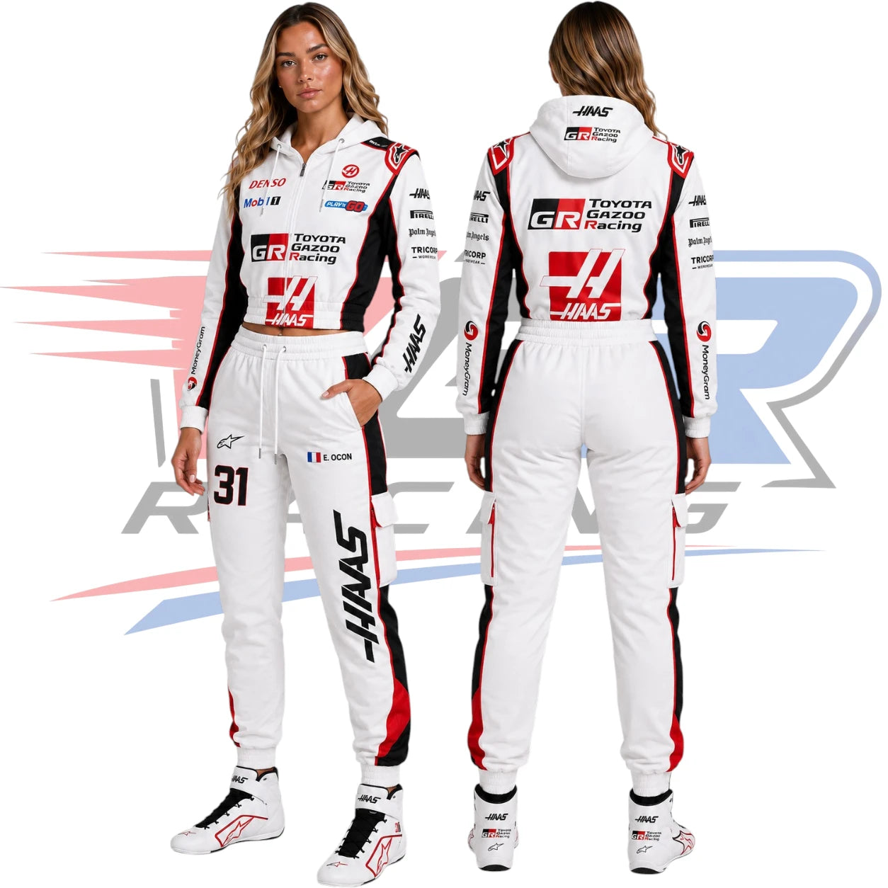 F1 Team Haas Women’s Hoodie & Jogger Set – White Red & Black