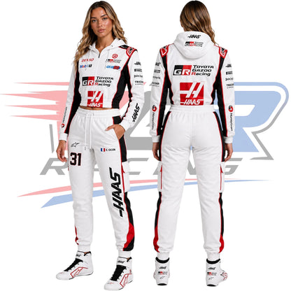 F1 Team Haas Women’s Hoodie & Jogger Set – White Red & Black