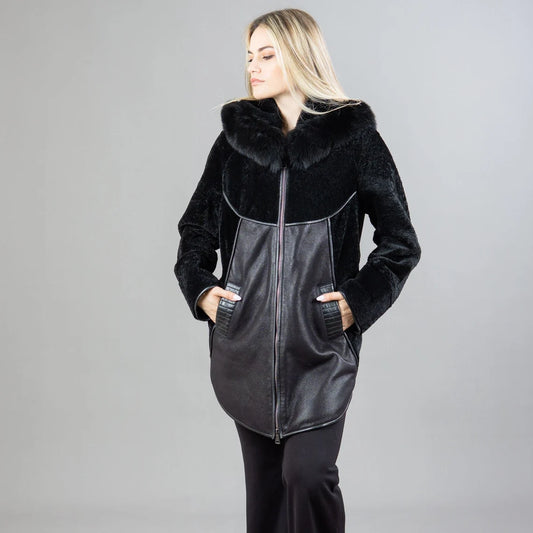 Black Sheepskin Hooded Fur Coat With Leather Details