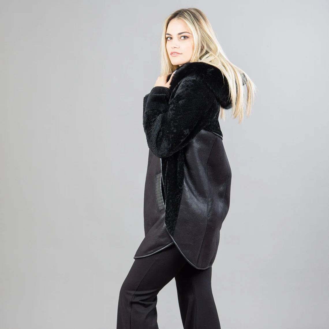 Black Sheepskin Hooded Fur Coat With Leather Details