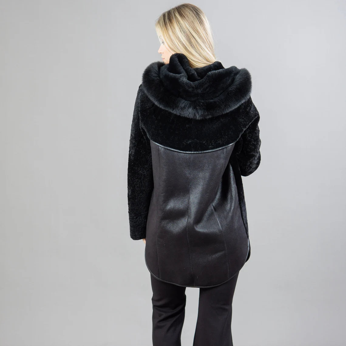Black Sheepskin Hooded Fur Coat With Leather Details