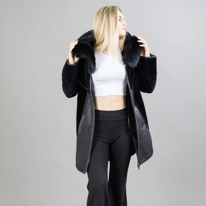 Black Sheepskin Hooded Fur Coat With Leather Details