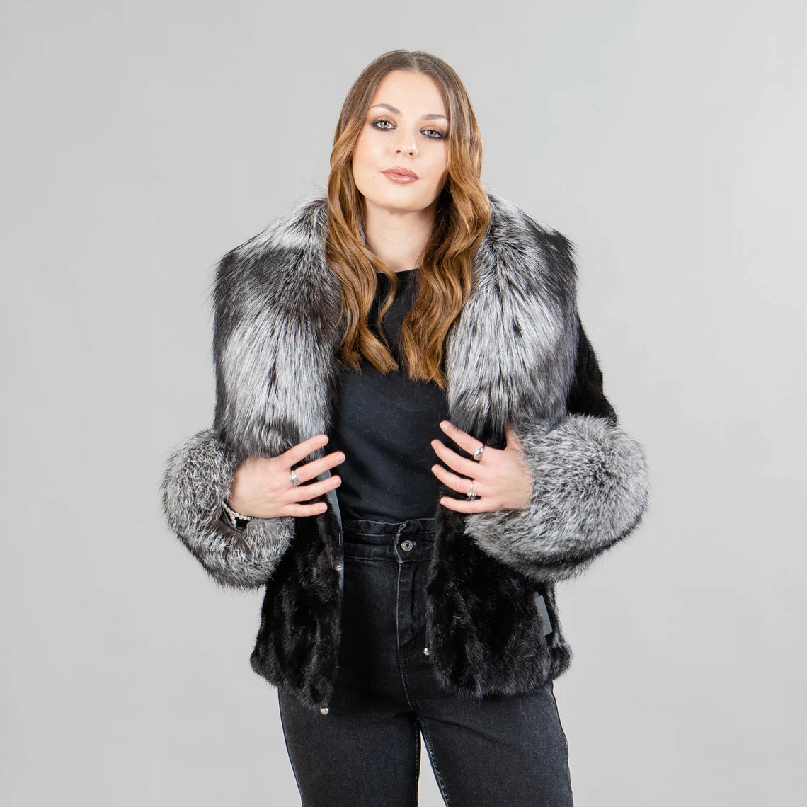 Mink fur jacket with fox fur details in black color