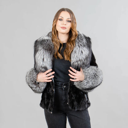 Mink fur jacket with fox fur details in black color