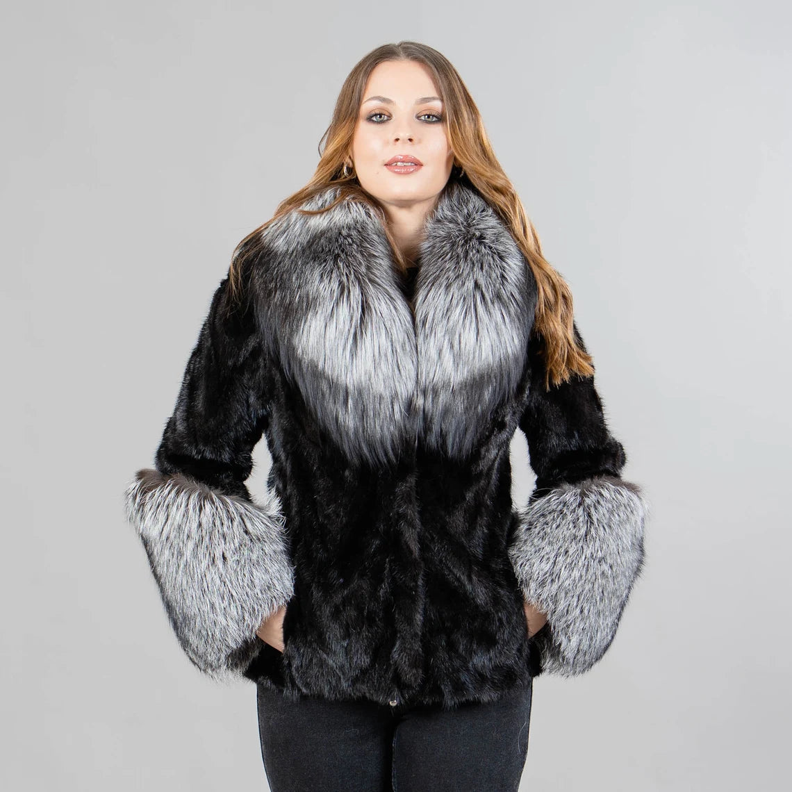Mink fur jacket with fox fur details in black color