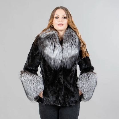 Mink fur jacket with fox fur details in black color