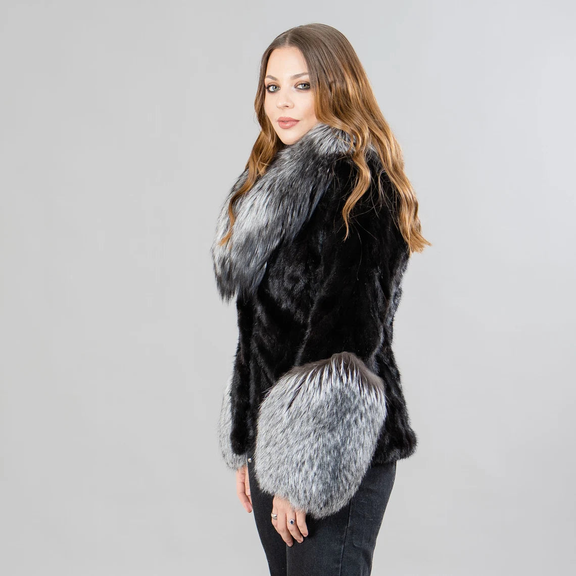 Mink fur jacket with fox fur details in black color
