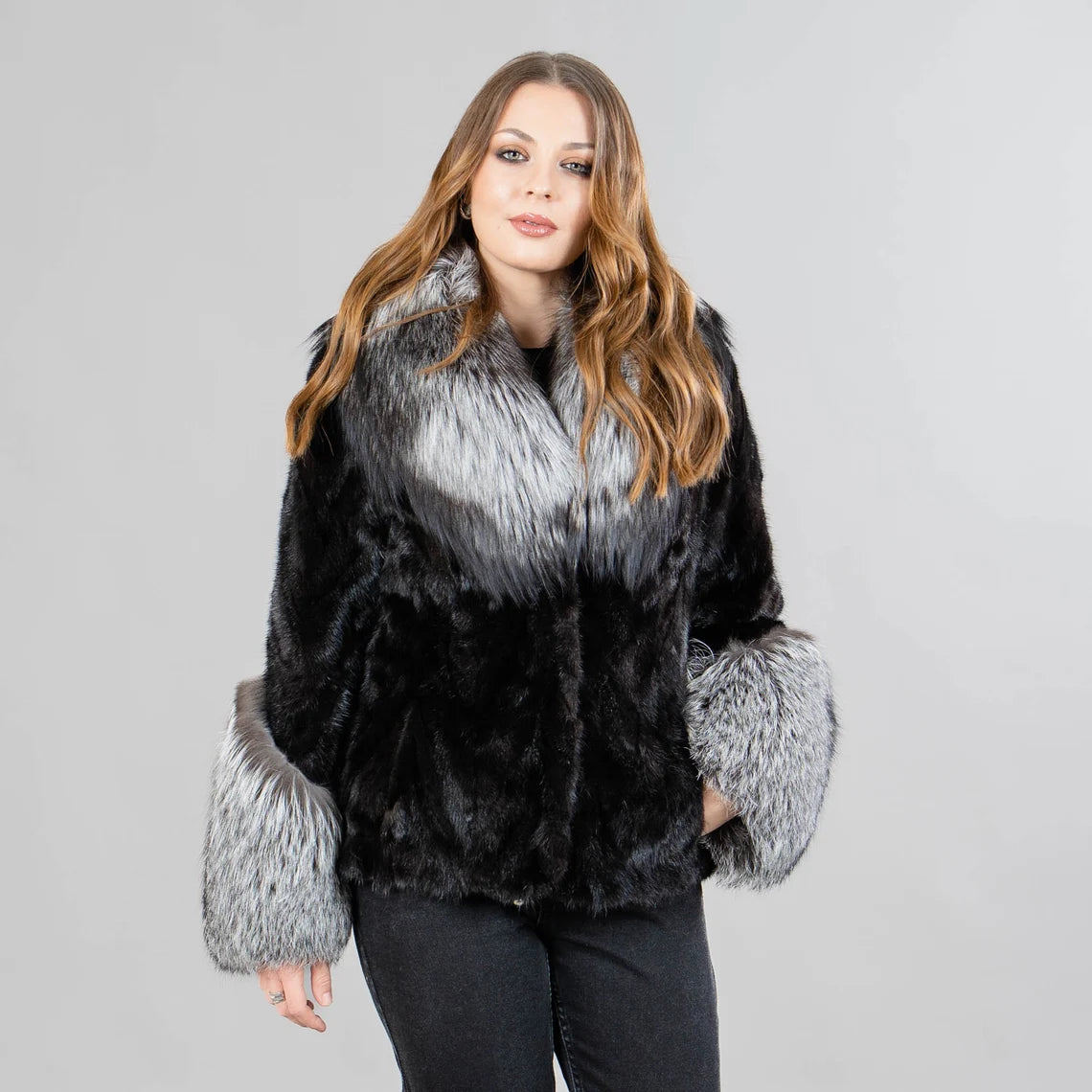 Mink fur jacket with fox fur details in black color