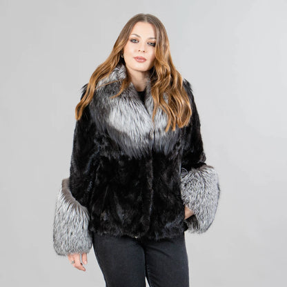 Mink fur jacket with fox fur details in black color