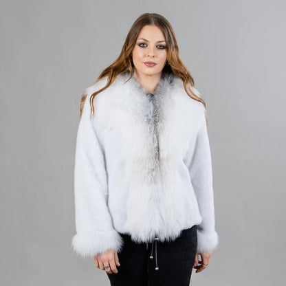 White mink fur jacket with fox fur details