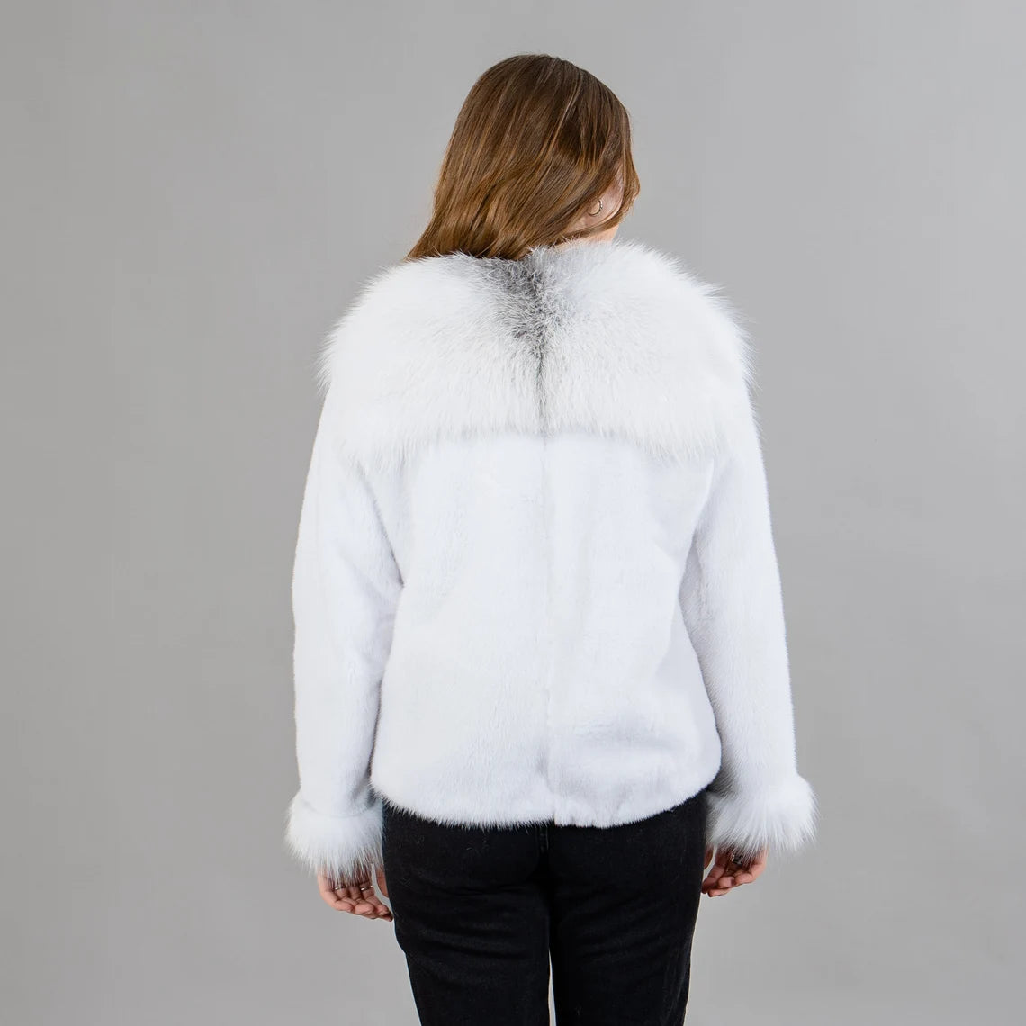 White mink fur jacket with fox fur details