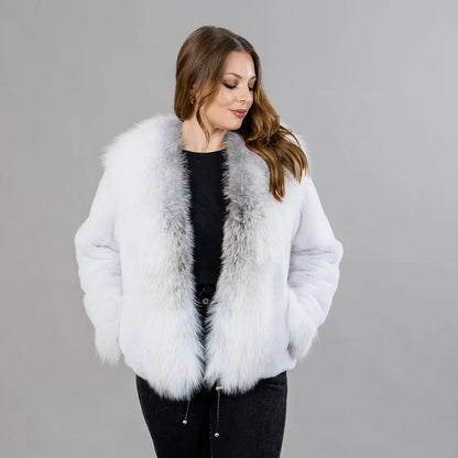 White mink fur jacket with fox fur details