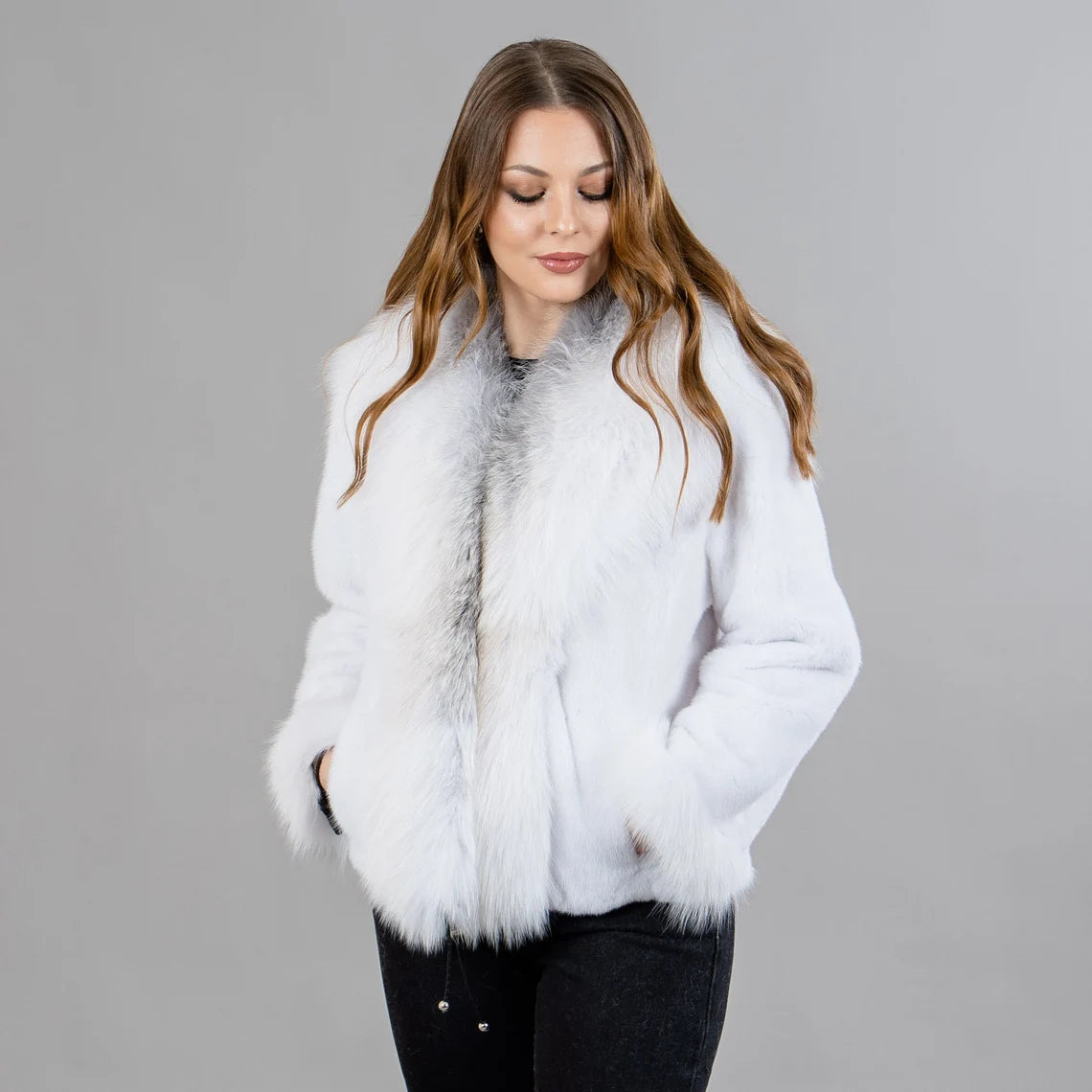 White mink fur jacket with fox fur details