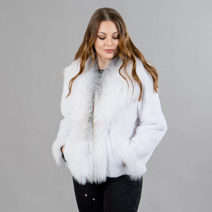 White mink fur jacket with fox fur details
