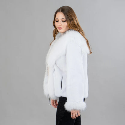 White mink fur jacket with fox fur details