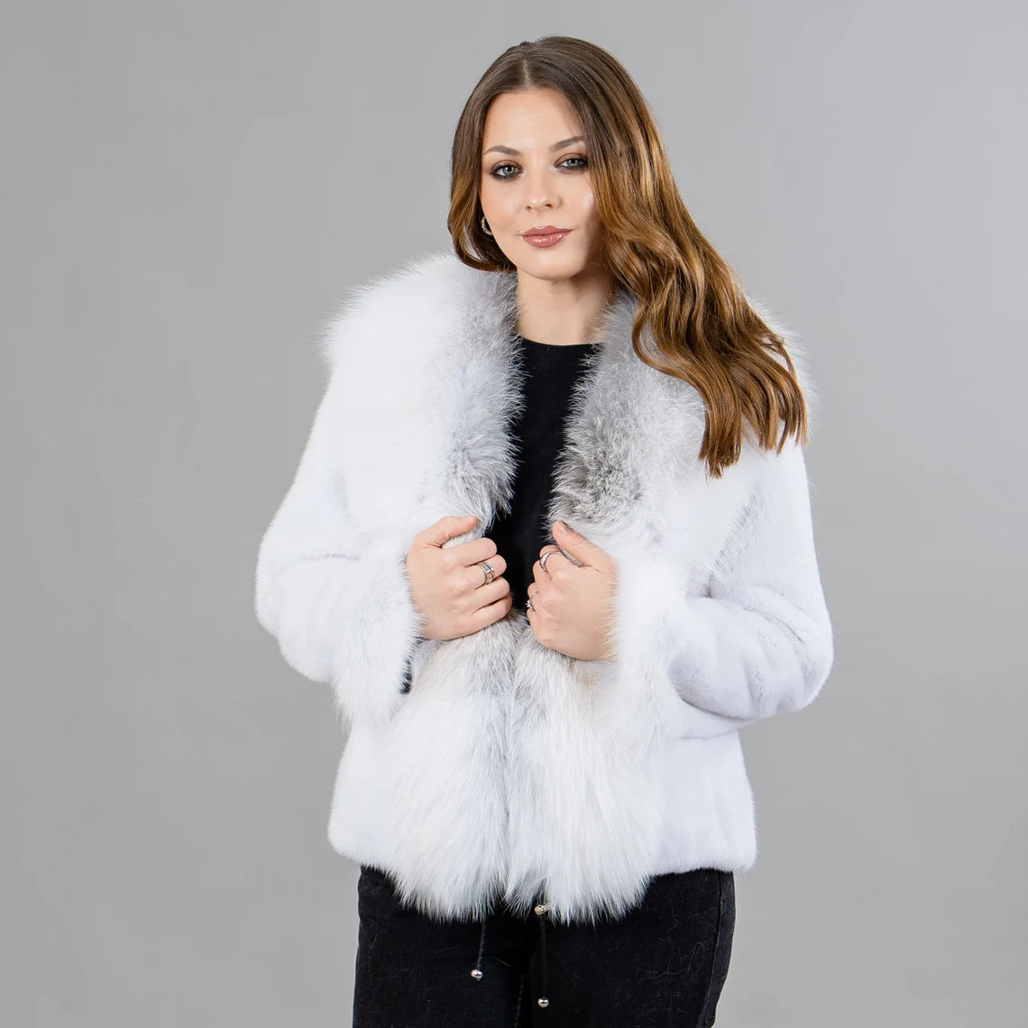 White mink fur jacket with fox fur details