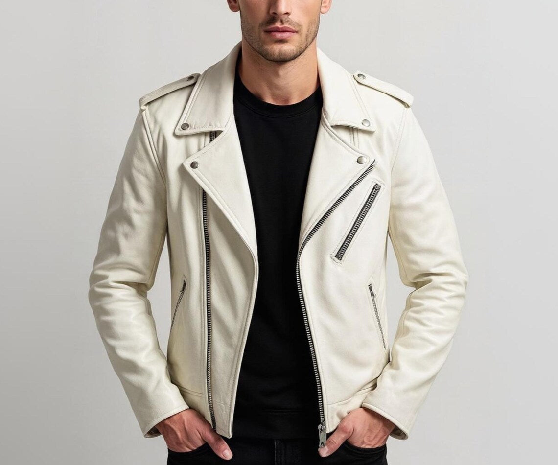Handmade White Lambskin Leather Biker Jacket – Slim Fit