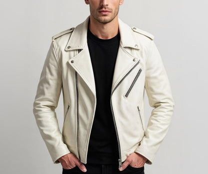 Handmade White Lambskin Leather Biker Jacket – Slim Fit
