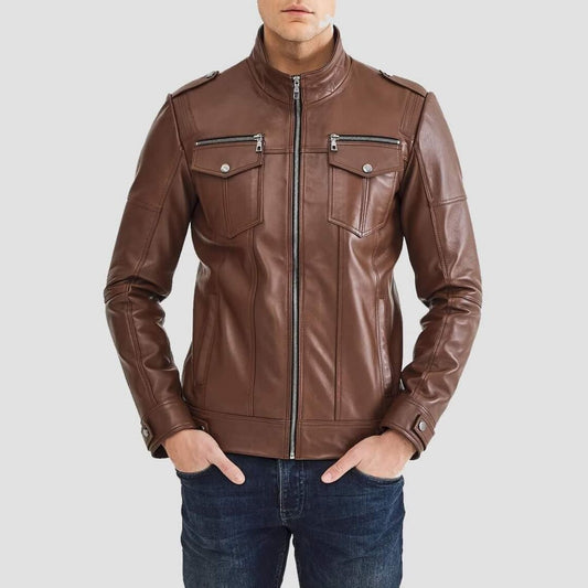 Handmade Brown Faux Leather Moto Jacket: Slim Fit Biker Style