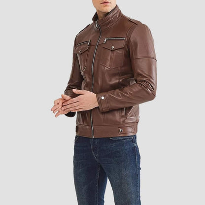 Handmade Brown Faux Leather Moto Jacket: Slim Fit Biker Style