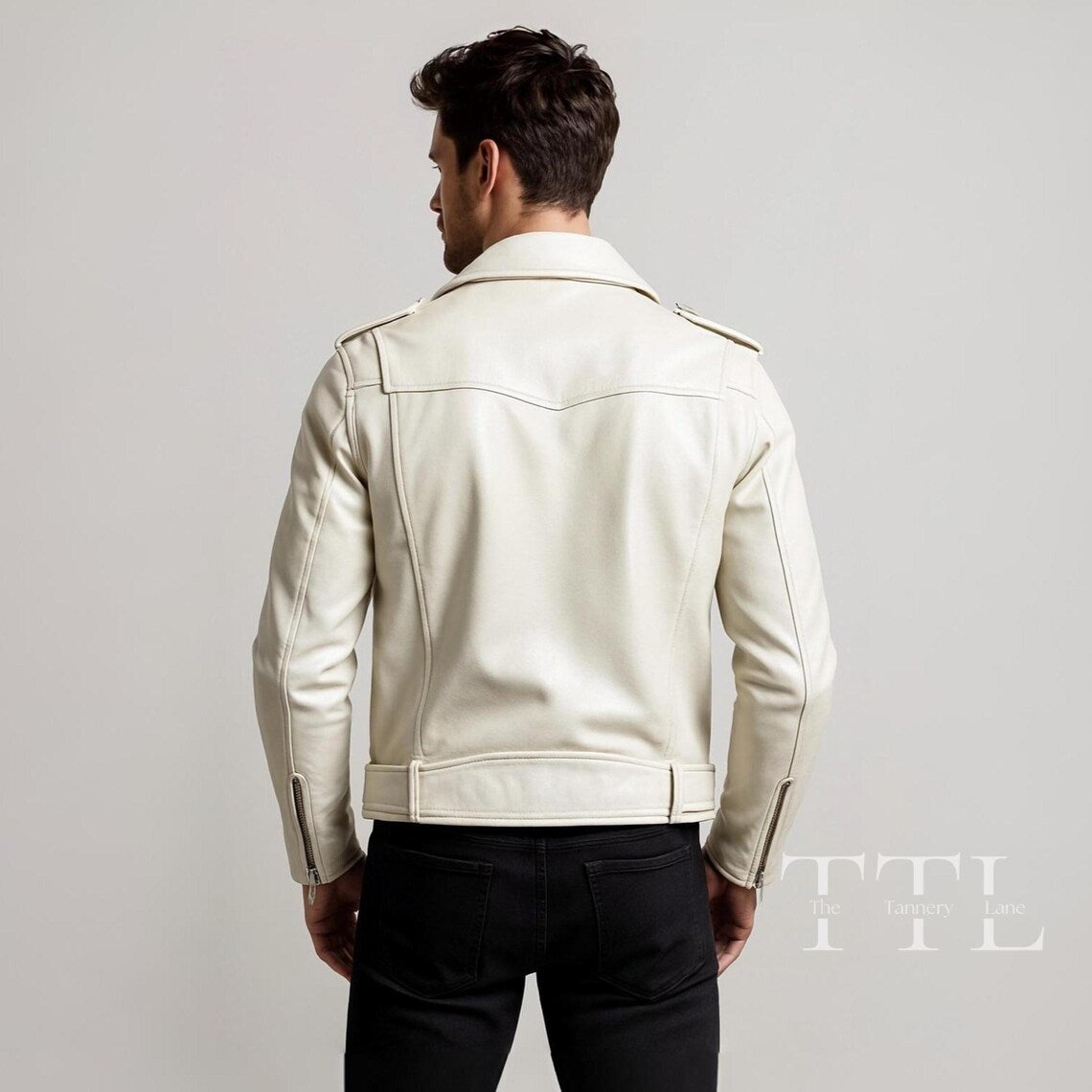 Handmade White Lambskin Leather Biker Jacket – Slim Fit