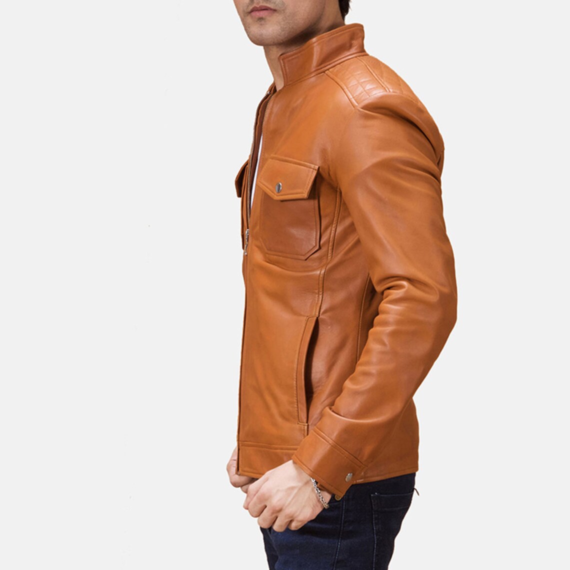 Men's Original Tan Leather Biker Jacket Front Zipper Handmade Slim fit Coat