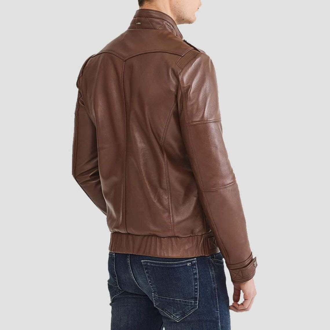 Handmade Brown Faux Leather Moto Jacket: Slim Fit Biker Style
