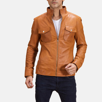 Men's Original Tan Leather Biker Jacket Front Zipper Handmade Slim fit Coat