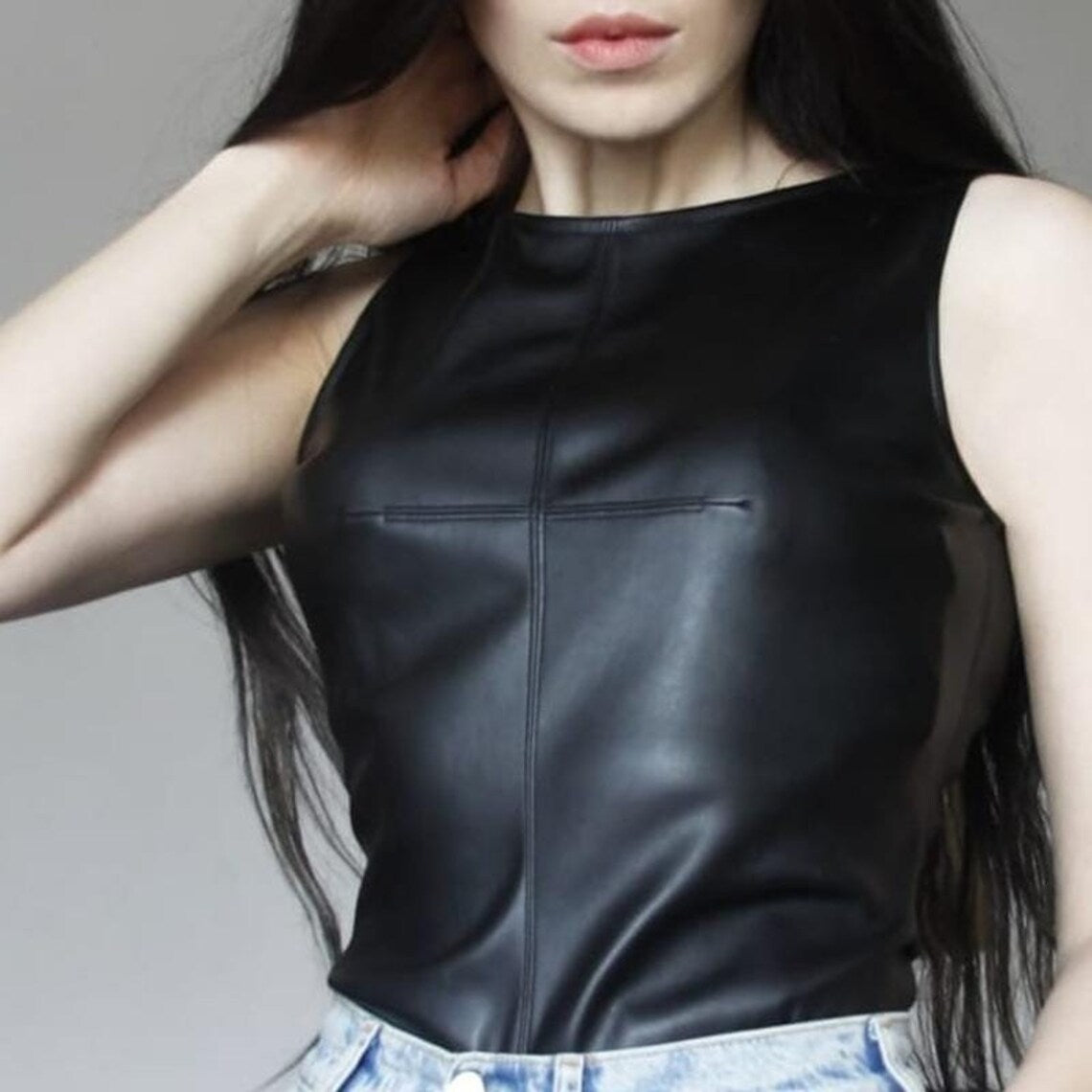 Stylish Women's Leather Tank Top – Edgy Sleeveless Faux Leather Fashion