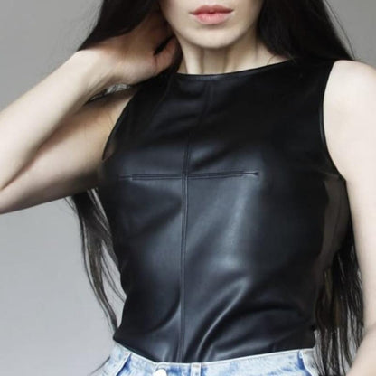 Stylish Women's Leather Tank Top – Edgy Sleeveless Faux Leather Fashion